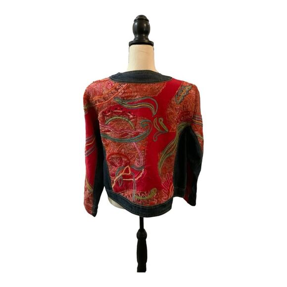 CHICO'S embroidered applique denim trimmed semi-cropped Jacket Size 2 US Medium - Picture 3 of 8